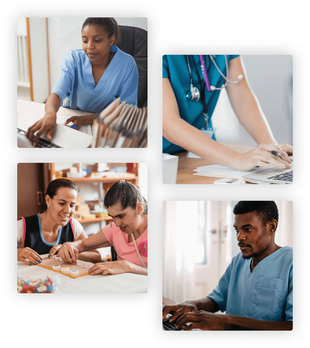 collage of images of caregivers, medical professional and clients